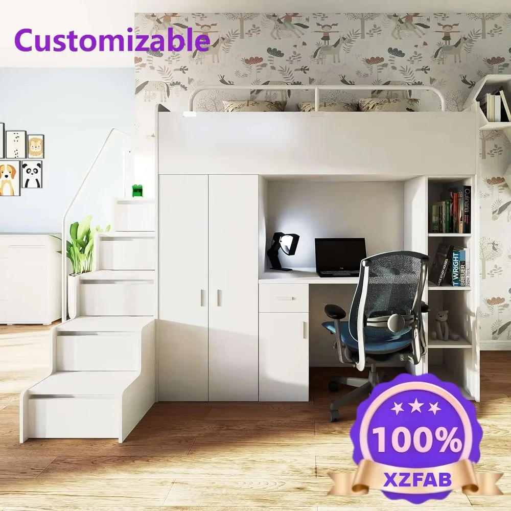 Factory Direct 2026 Loft Bed with Desk and Wardrobe Kids Bunk Bed with Study Area Space Saving High Sleeper for Teen Children's