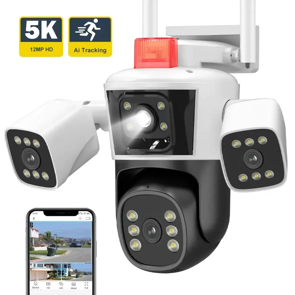 Kamera IP 6K 12MP WiFi Zewnętrzna kamera panoramiczna z trzema obiektywami Kamera PTZ IP AI Śledzenie Ochrona bezpieczeństwa Nadzór wideo CCTV