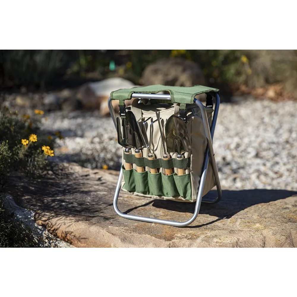 مقعد حديقة قابل للطي مع حقيبة أدوات قابلة للفصل ومجموعة بستنة مكونة من 5 قطع - منظم مقعد خارجي محمول (أخضر زيتوني) #2
