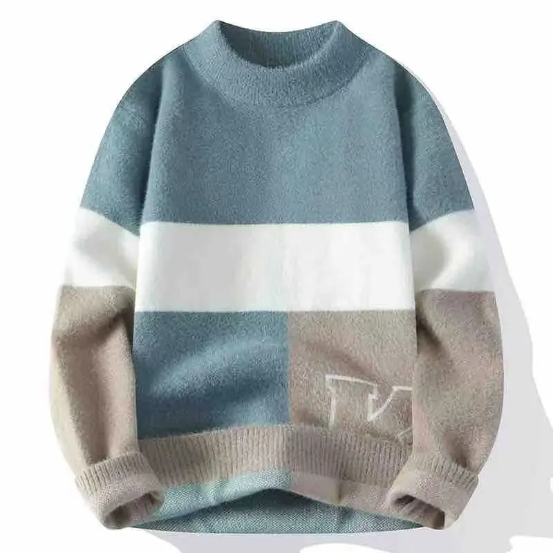 Otoño Invierno nuevo suéter de piel de visón hombres cuello simulado contraste Color moda Casual grueso cálido jerseys manga larga Tops de punto