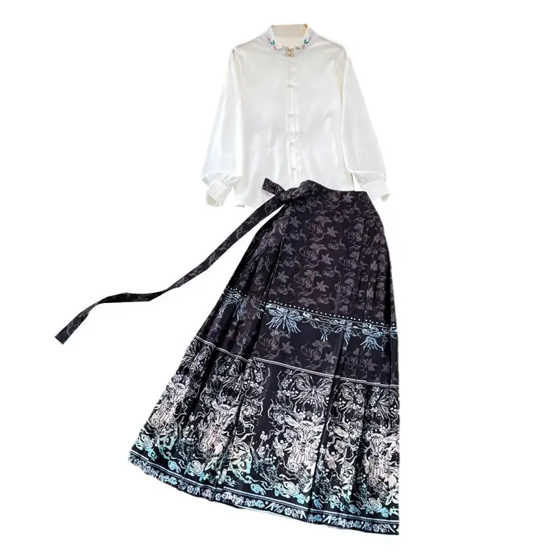 Conjunto de moda Retro para mujer, camisa de un solo pecho, cuello de pie, trajes de dos piezas, estilo chino, falda de cara de caballo mejorada, Z3824