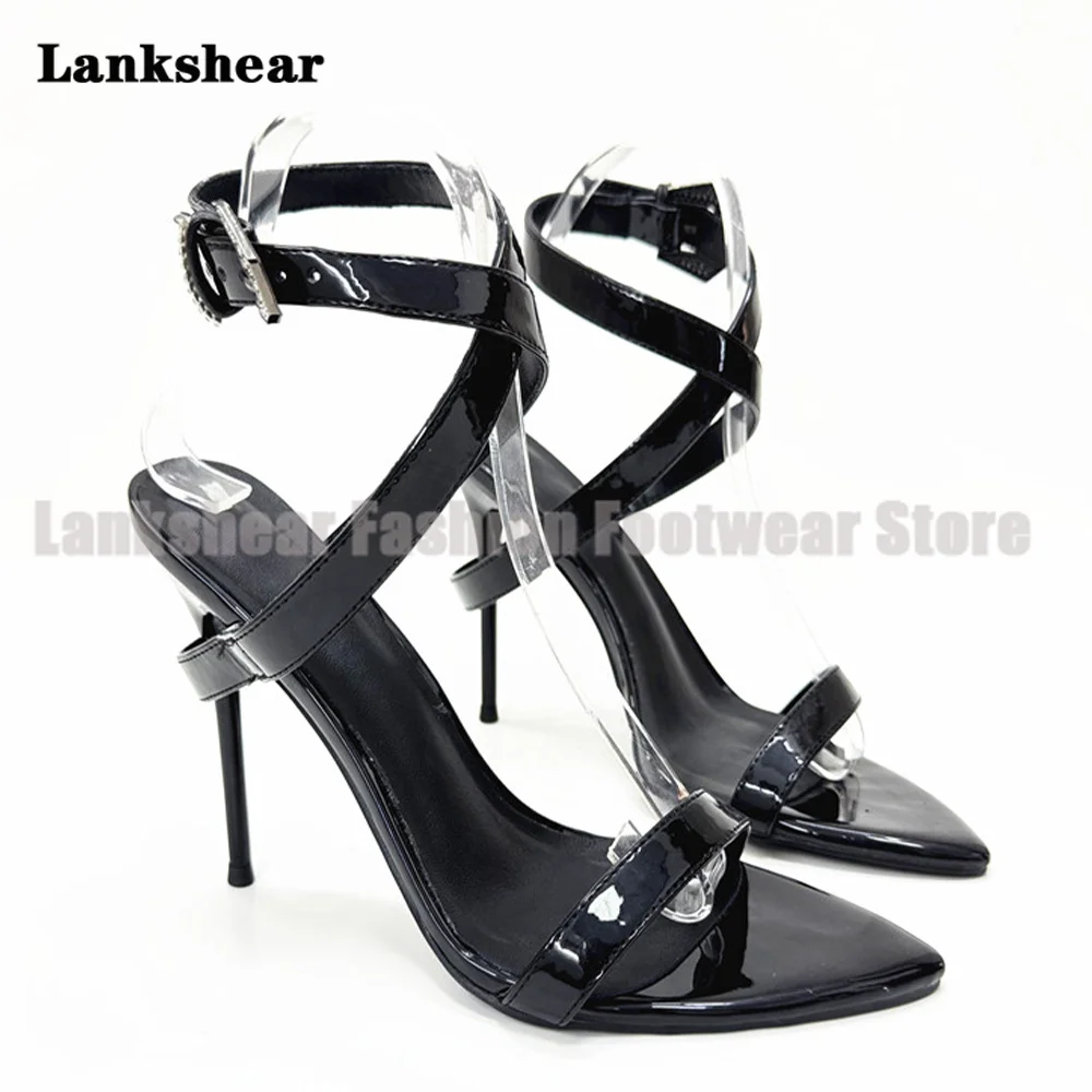 

Black Patent Leather Strappy Stiletto Heels Sandals Rhinestone Buckle Women Shoes Summer Pointy Toe Sandalias De Mujer Verano