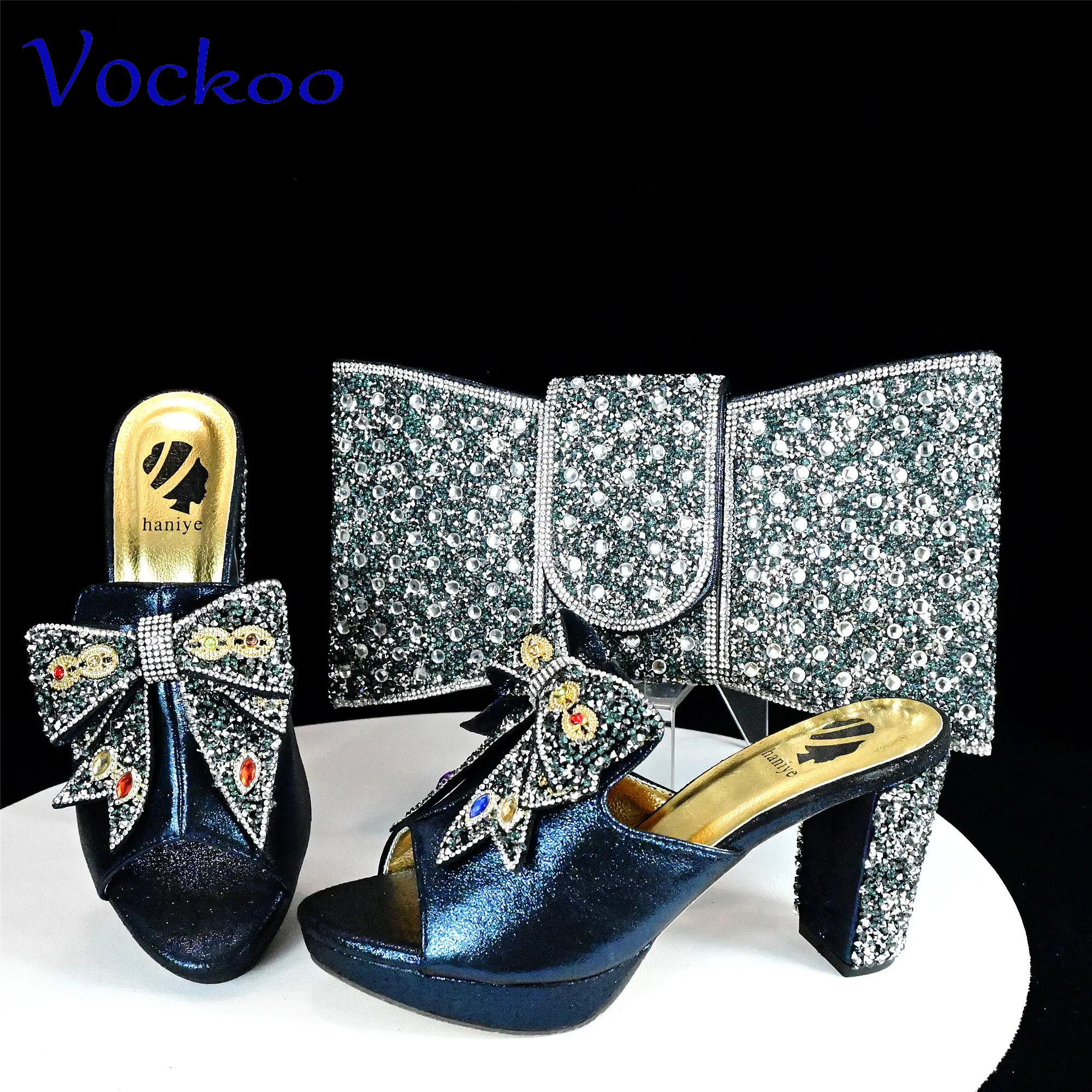 Dark Blue New Arrivals Leisure Style Italian Women Shoes Matching Hang Bag with Platform High Quality Slipper with Appliques for