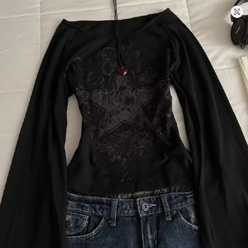 90s Long-sleeve Tees E-Girl Clothes Aesthetic Streetwear Long-sleeve T-shirts Harajuku Punk Letter Pattern Sexy Long-sleeve Tops