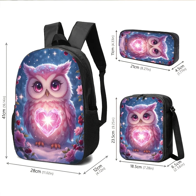 

Pink Owl Fantasy Set with Glowing Heart & Starry Sky Design, Ideal for Young Women'S Daily Use, School, Travel; Stylish And Func