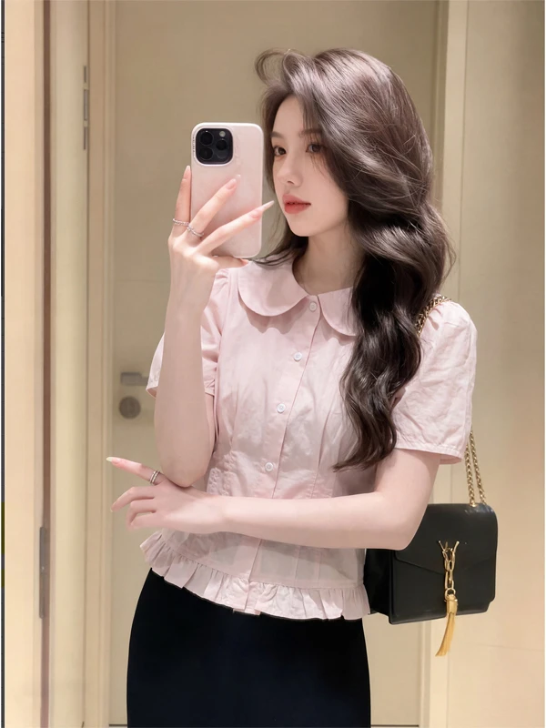 

Summer 2026 Women's French Style Loose Fit Shirt Short Sleeve Baby Doll Collar Cool Sensation plus Size Slimming Light Pink