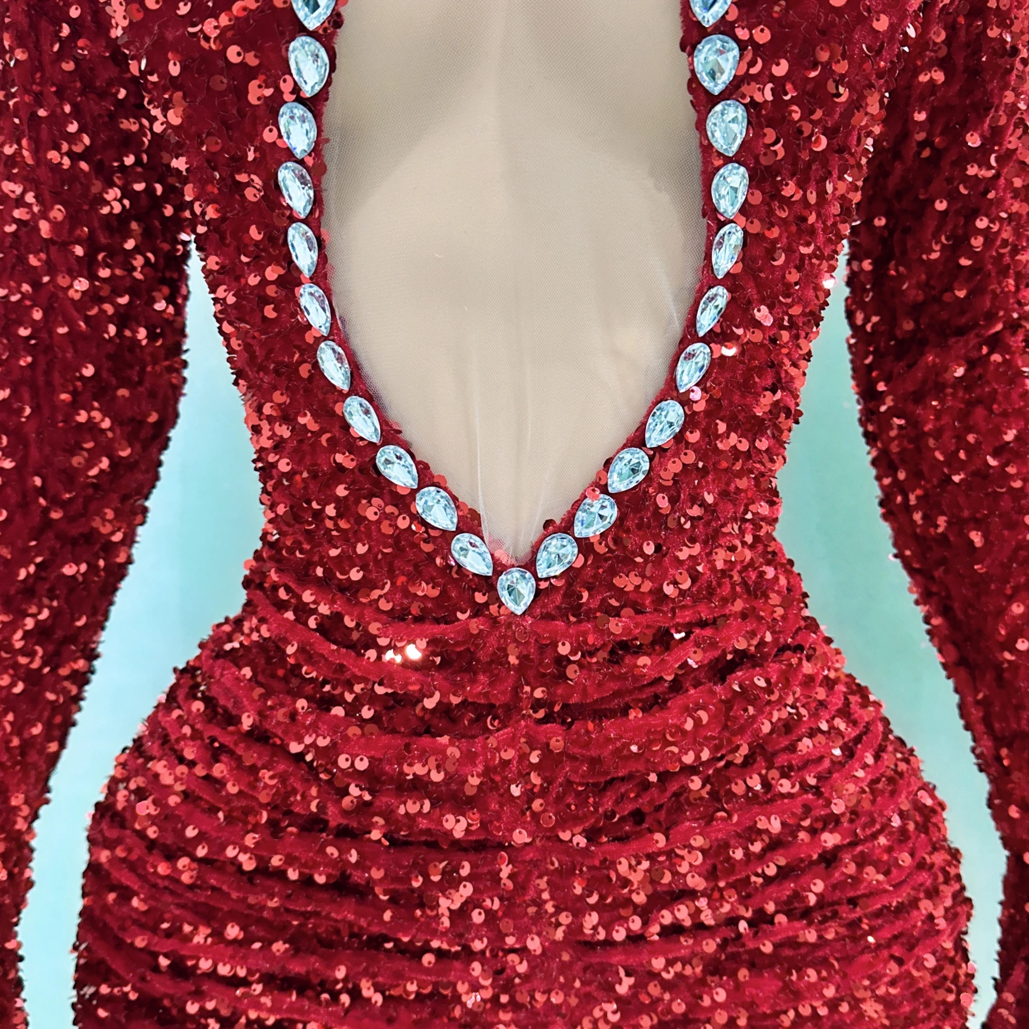 Sexy See Through Sheath Mini Dress Red Sequins Rhinestones Nightclub Performance Custome Stage Wear Birthday Evening Party Dress