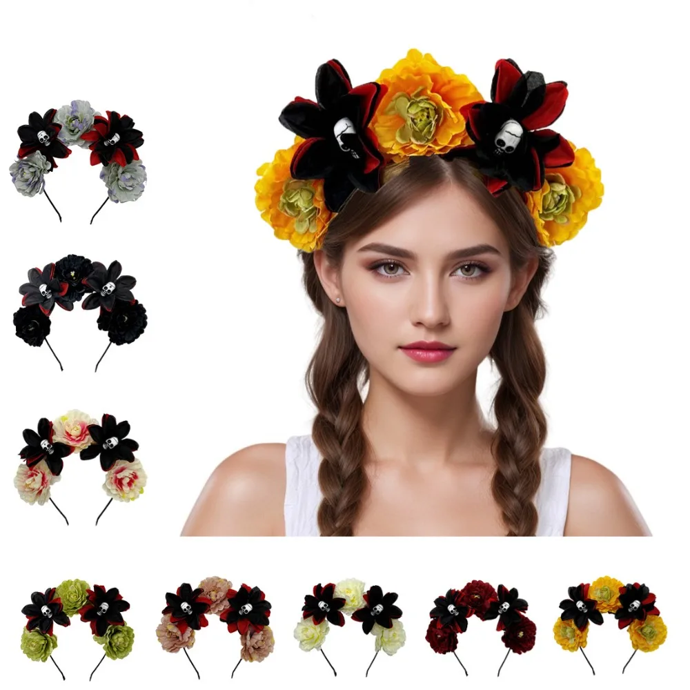 

Halloween Flower Headband Day of the Dead Gothic Floral Crown Hair Hoop Skull Headpiece Costume Party Cosplay Headwear Accessory