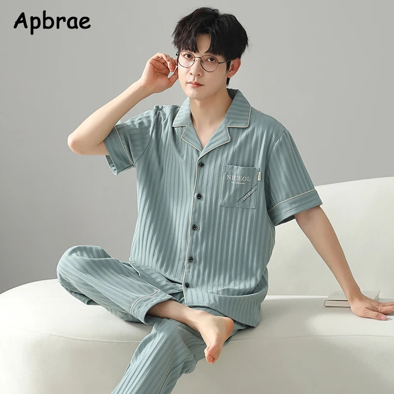 Cotton Men Pajamas Spring Autumn Soft Short Sleeves Long Pants Pijamas Plus Size L-3XL Man Sleepwear Cardigan Man Homewear