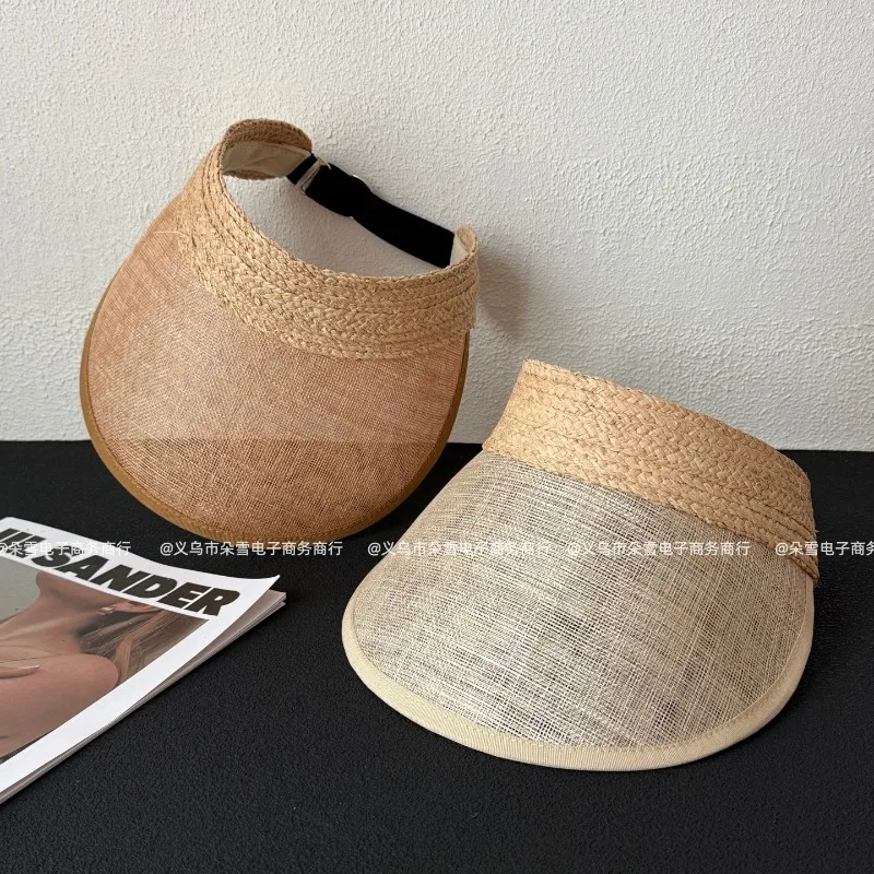 Luxury Linen Straw Sun Visor for Women Aesthetic Large Brim Open Top Beach Hat Lightweight Summer Travel Cap Packable