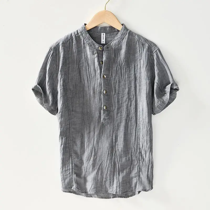 

Men's Wrinkled Shirt Stand up Collar Short Swedish Style Inner Wear Casual Comfortable Breathable Easy Care Short Sleeve
