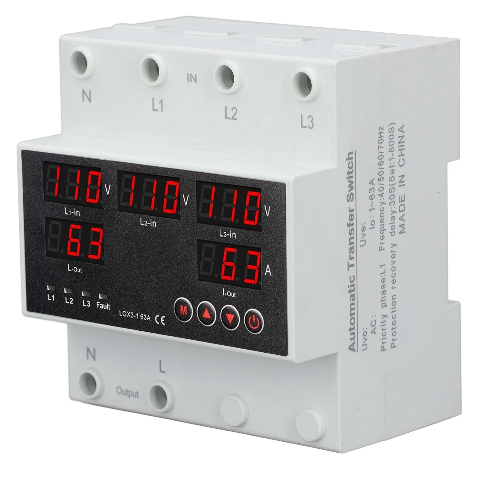 

AC110V Automatic Transfer Switch 63A 3P4W LED Display Adjustable Voltage Protector for Home Generator Inverter
