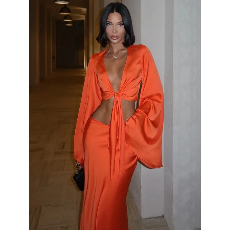 

Sets Women Fashion Sexy Streetwear Solid Flare Sleeve Deep V-Neck Tracksuits (Tops+Long Skirts)Matching 2 Pieces Female