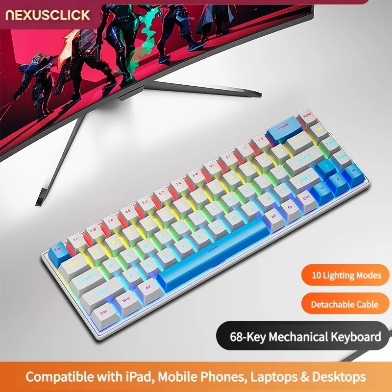 NexusClick K68 Red Switch Wired Mechanical Keyboard,Type-C Plug&Play No Driver RGB Backlight Multi Color Keycaps Gaming Keyboard