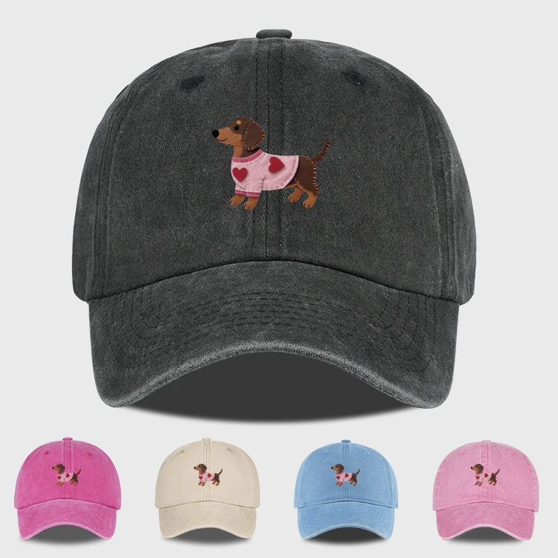 Casquette de baseball unisexe vintage délavée et réglable, motif Teckel mignon en pull à cœurs roses, pour les amoureux des animaux, protection solaire