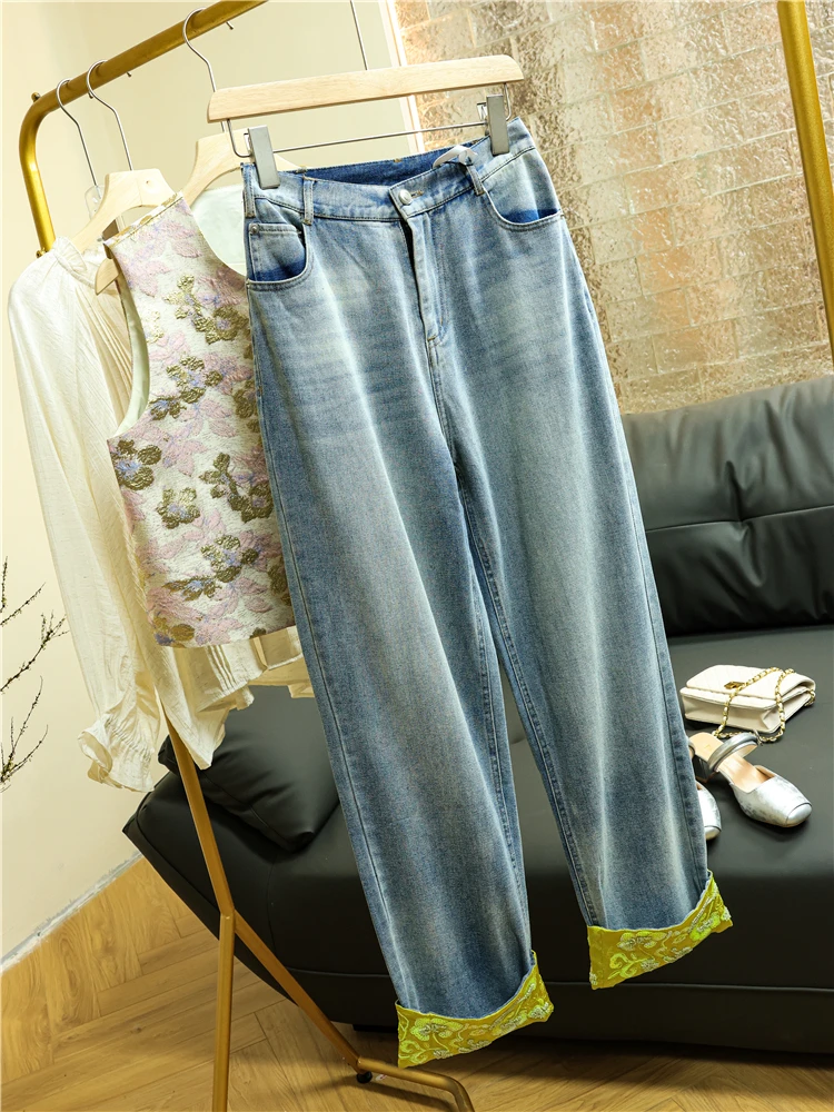 

Loose Straight Leg Jeans Women's High Waist Wide Leg Denim Pants Beaded Hem Worn White Vintage Chinese National Style