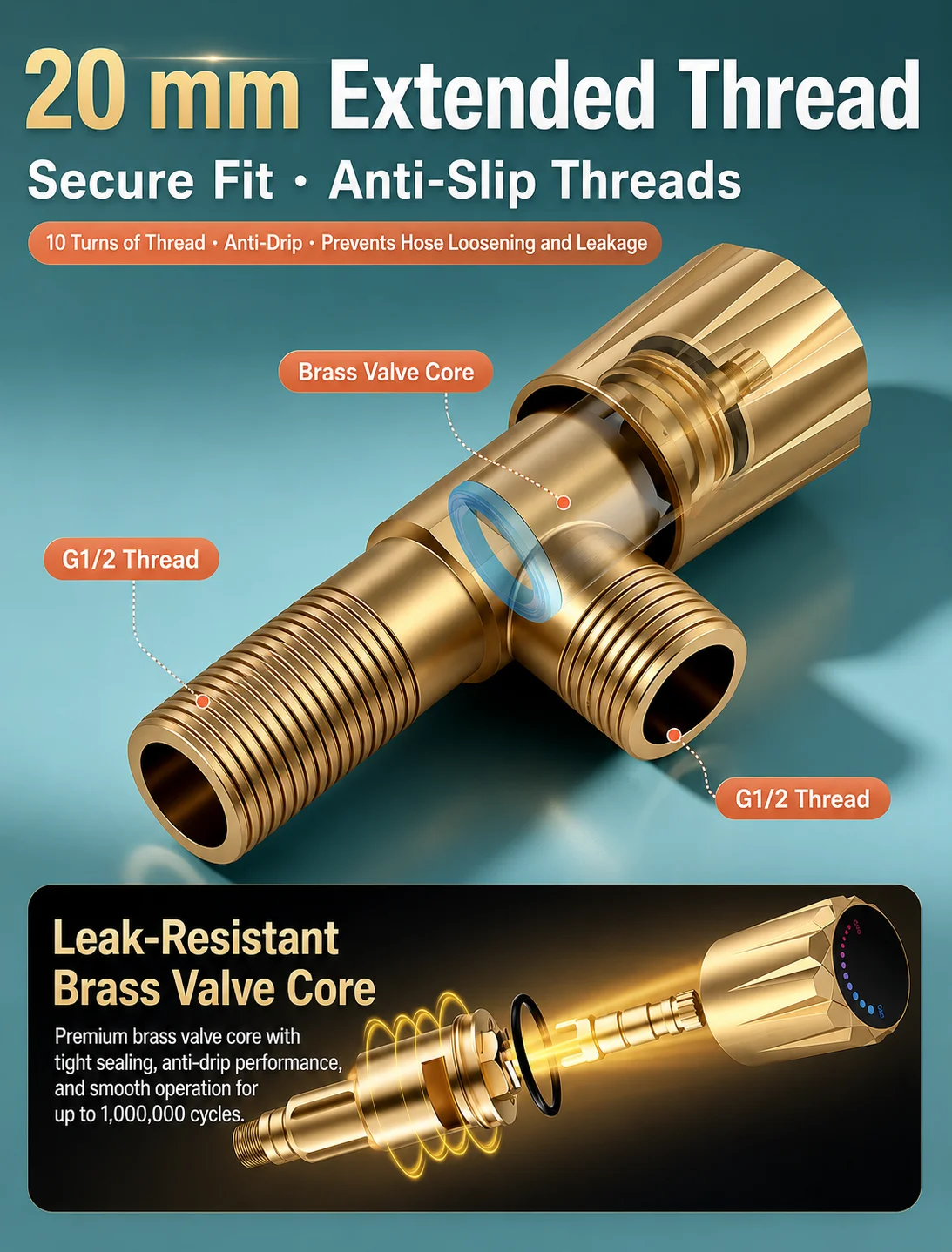Brass Dual Outlet Angle Valve G1/2 1 In 2 Out Shut Off Water Splitter for Bathroom Kitchen Toilet