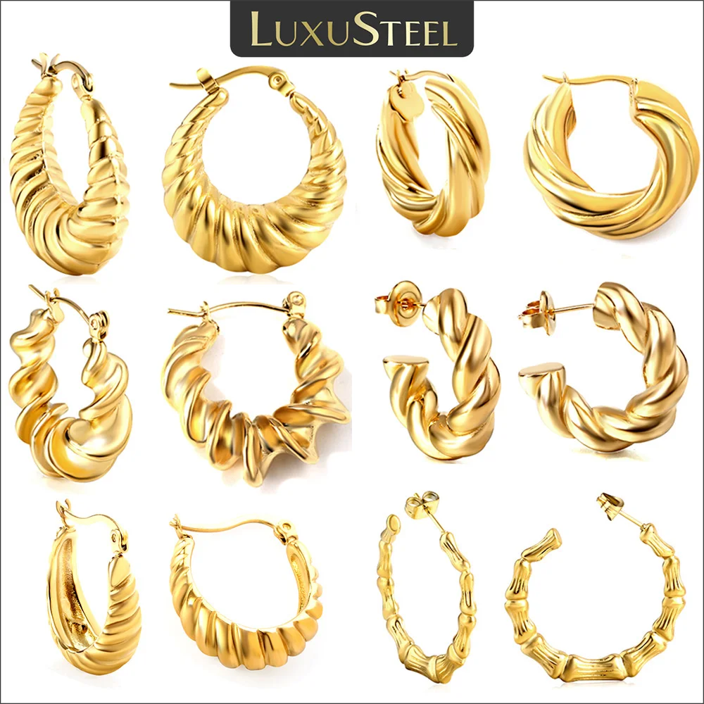 LUXUSTEEL Fashion Women Geometric Hoop Earrings Golden Plated Stainless Steel Solid Metal Huggies Wedding Party Jewelry Gifts