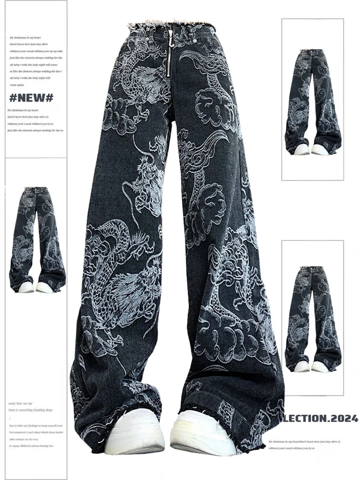 Women Black Gothic Dragon Print Jeans Baggy Vintage Aesthetic