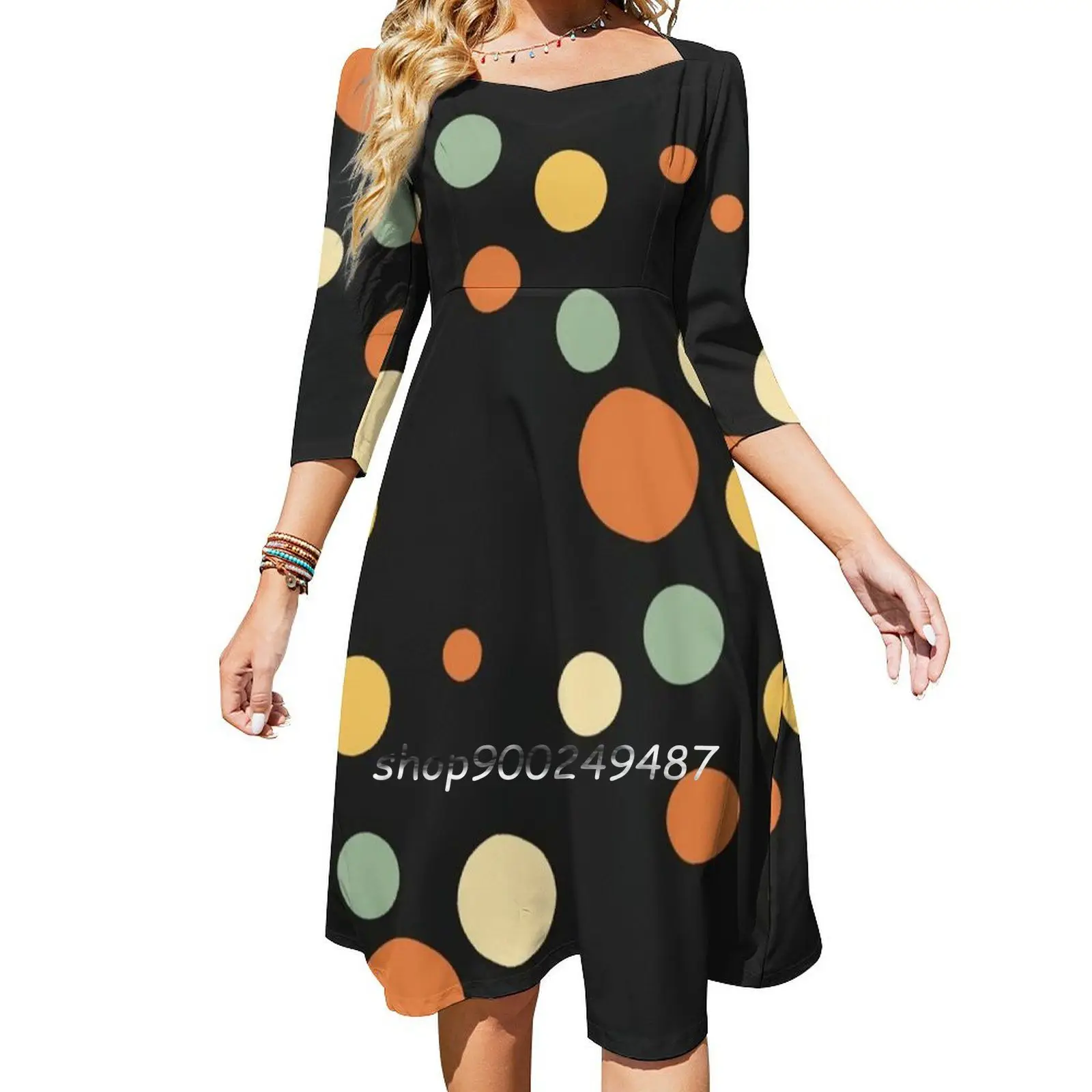 

Black Polka Dots Pattern Square Neck Dress Cute Loose Print Dresses Elegant Beach Party Dress Vintage Retro Dots Circles Bubble