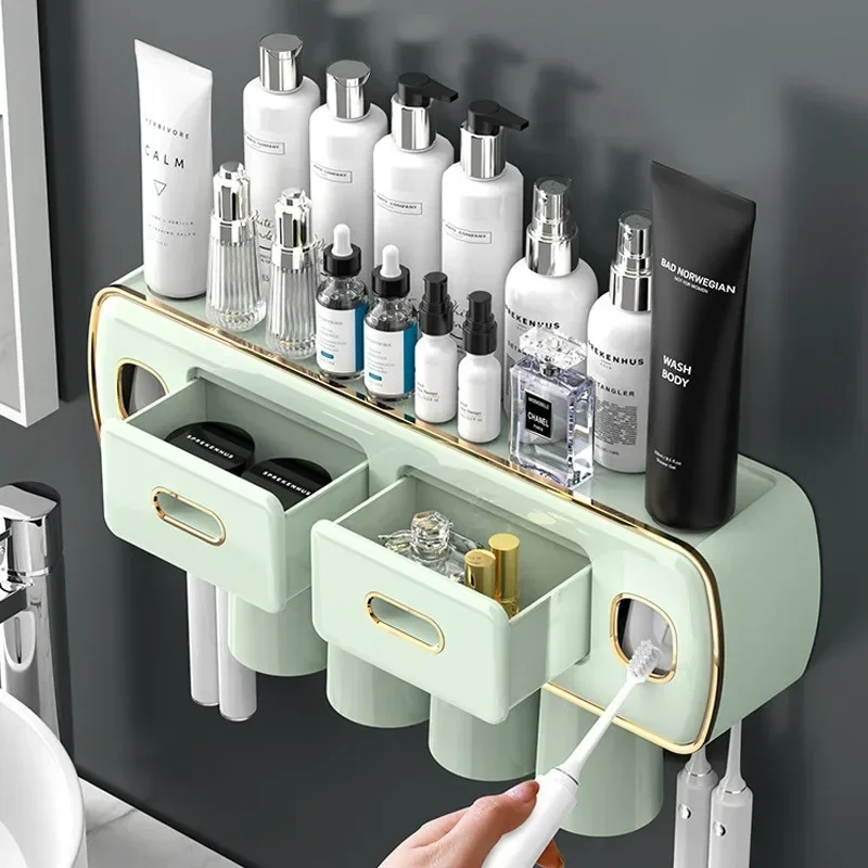 No Punch Toothbrush Holder Bathroom Multi-Functional Gargle Cup Toothbrush Rack with Drawer