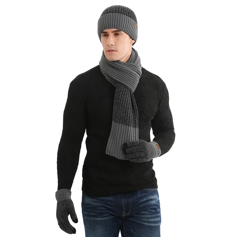 Ensemble unisexe pour hommes, bonnet, gants, écharpe, fil de laine tricoté, silencieux, chapeau de couleur contrastée, automne et hiver