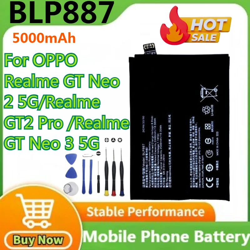 

100% новый аккумулятор BLP887 емкостью 5000 мАч для мобильных телефонов OPPO Realme GT Neo 2 5G/GT2 Pro/GT Neo 3 5G + инструменты
