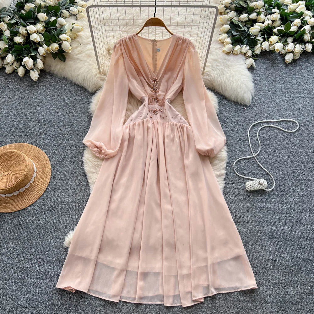 

Women Solid A Line Dresses Rhinestones Dress Ankle Lenth V Neck Long Sleeves Waist Cinch Loose Casual Elegant 2025 Spring Autumn