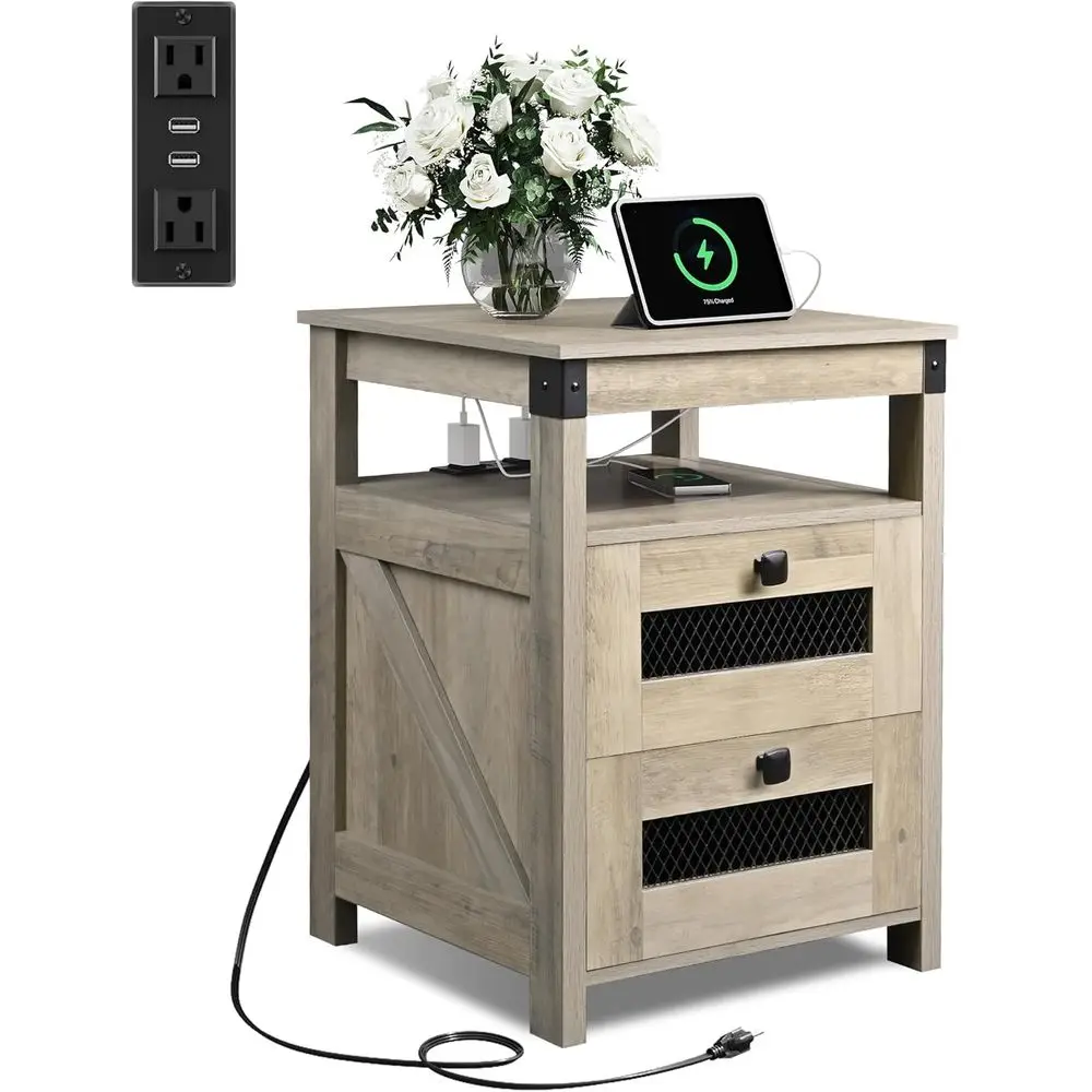 Nightstand with Charging Station, End Table, Bedside Table with 2 Drawers and Open Shelf, Rustic Nightstands for Bedroom, Greige