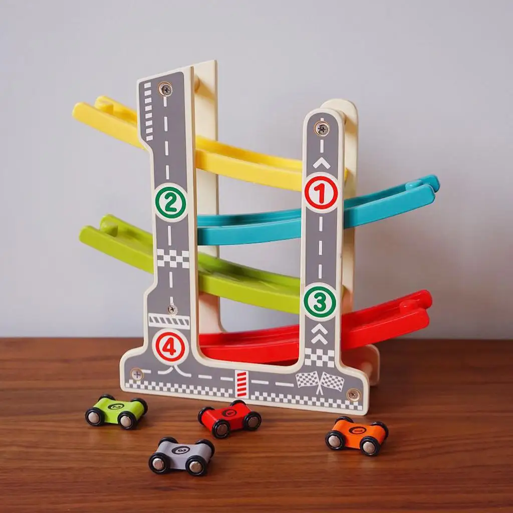 Pembalap Jalan Mobil Trek Balap 4 Lapis Kayu dengan 4 Mobil Mini, Hadiah Mainan Perkembangan Dini Balita Anak-anak