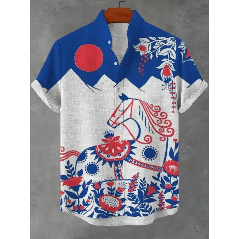 

2025 New Linen Comfortable Fabric Asian Style Retro Pattern Printed men's Short Sleeved Shirt Casual Wear Button Top