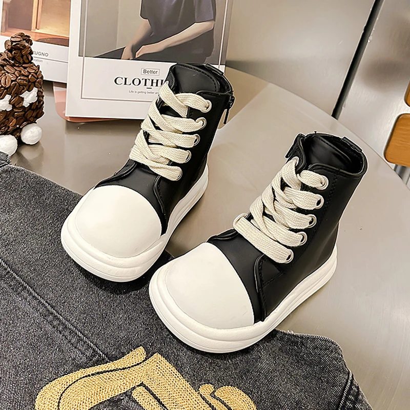 Zapatillas altas de cuero sintético para niños y niñas, zapatos de marca con cordones, suela gruesa, Punta Grande, informales, color blanco y negro,