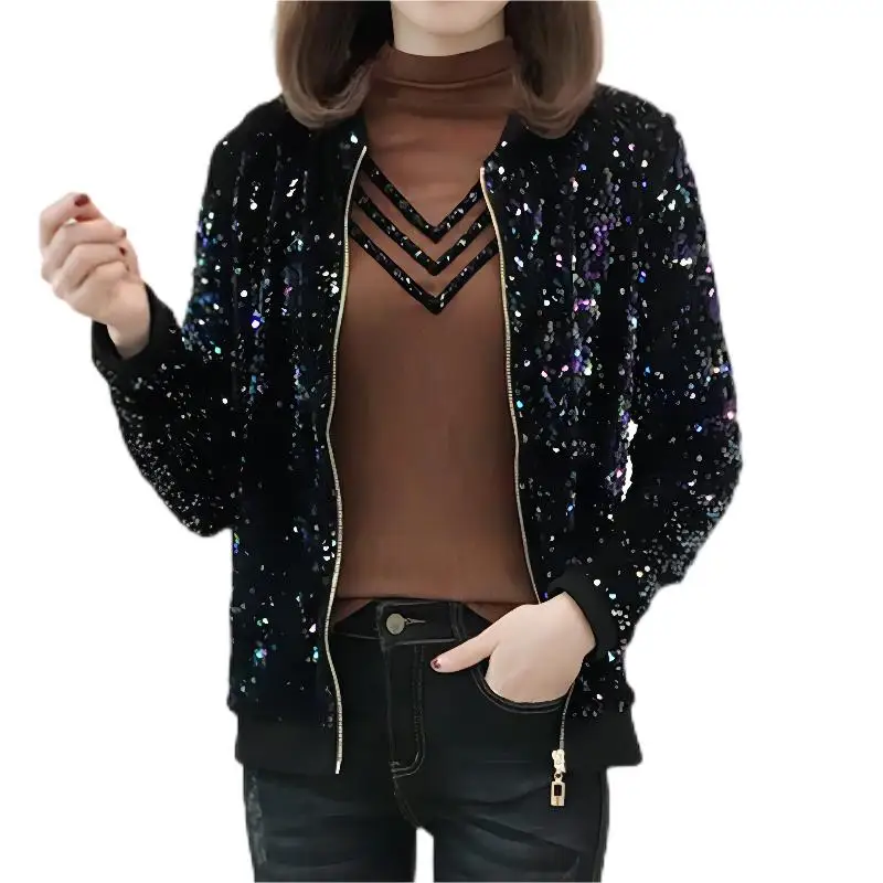 

Colorful Sequin Women's Stand Collar Zip Up Jacket Outerwear Casual Style Plus Size Regular / Fleeced Lining