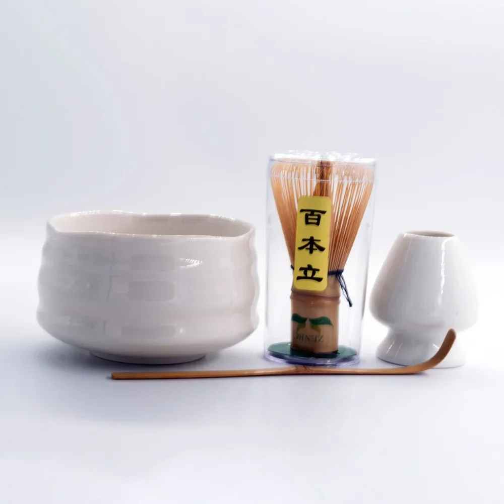 Super 4in1 White Giftset of Matcha Green Tea Tools Porcelain Matcha Bowl Handmade Japanese Bamboo Chasen Whisk Holder and Scoop