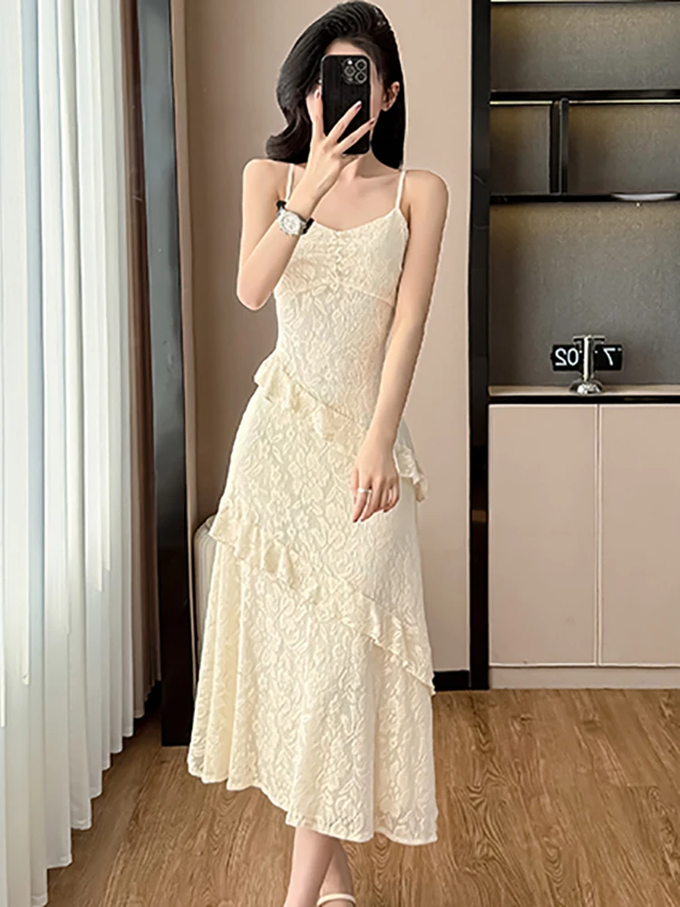 ผู้หญิงลูกไม้ Jacquard Chic Ruffled ชุดยาวฤดูร้อนสบายๆสลิงเซ็กซี่ชุด 2025 เกาหลีแฟชั่น Bodycon Party Dress