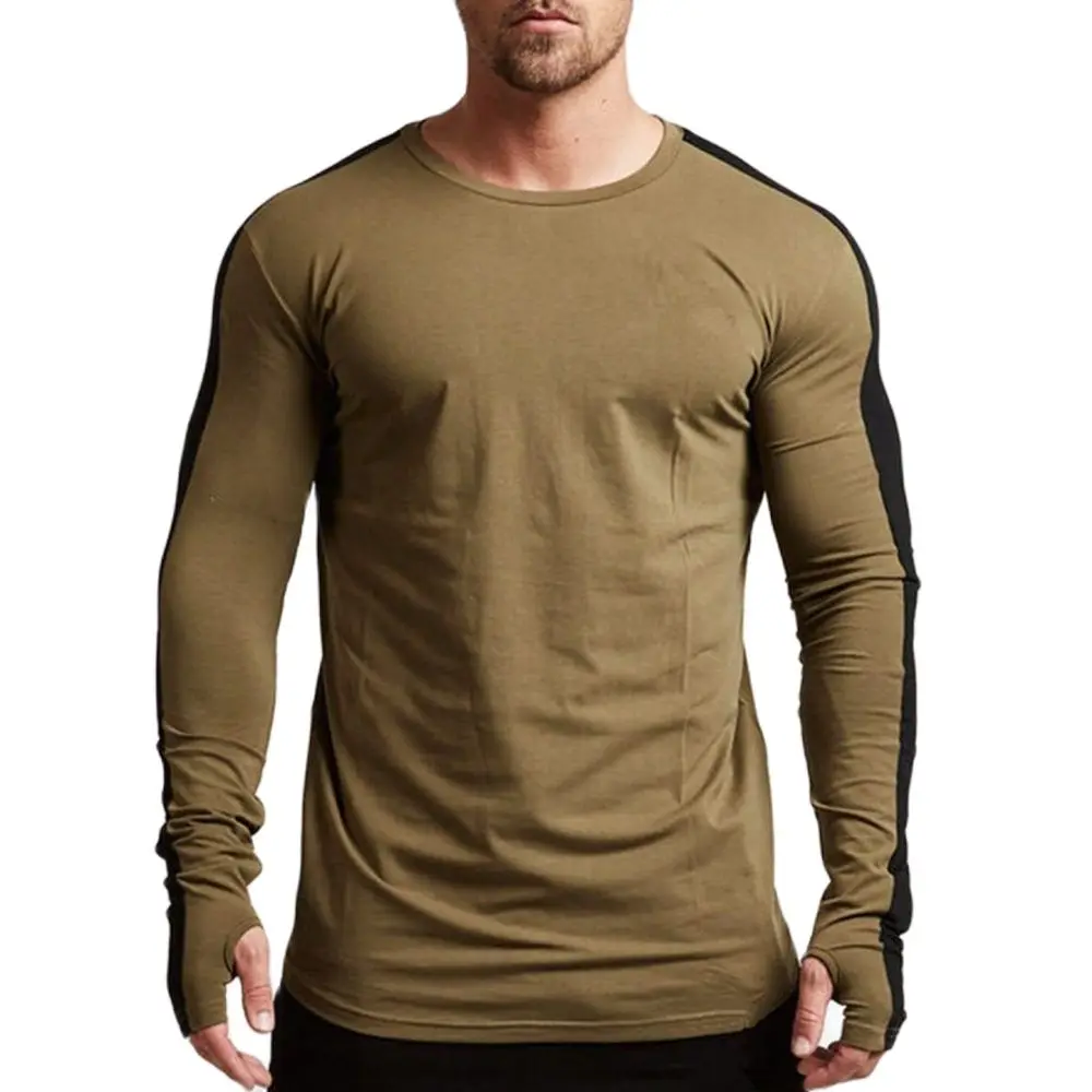 Casual Long Sleeve T-shirt Men Fitness Cotton Shirt Male Gym Workout Skinny Tee Tops Army Green Autumn Running Sport Clothing