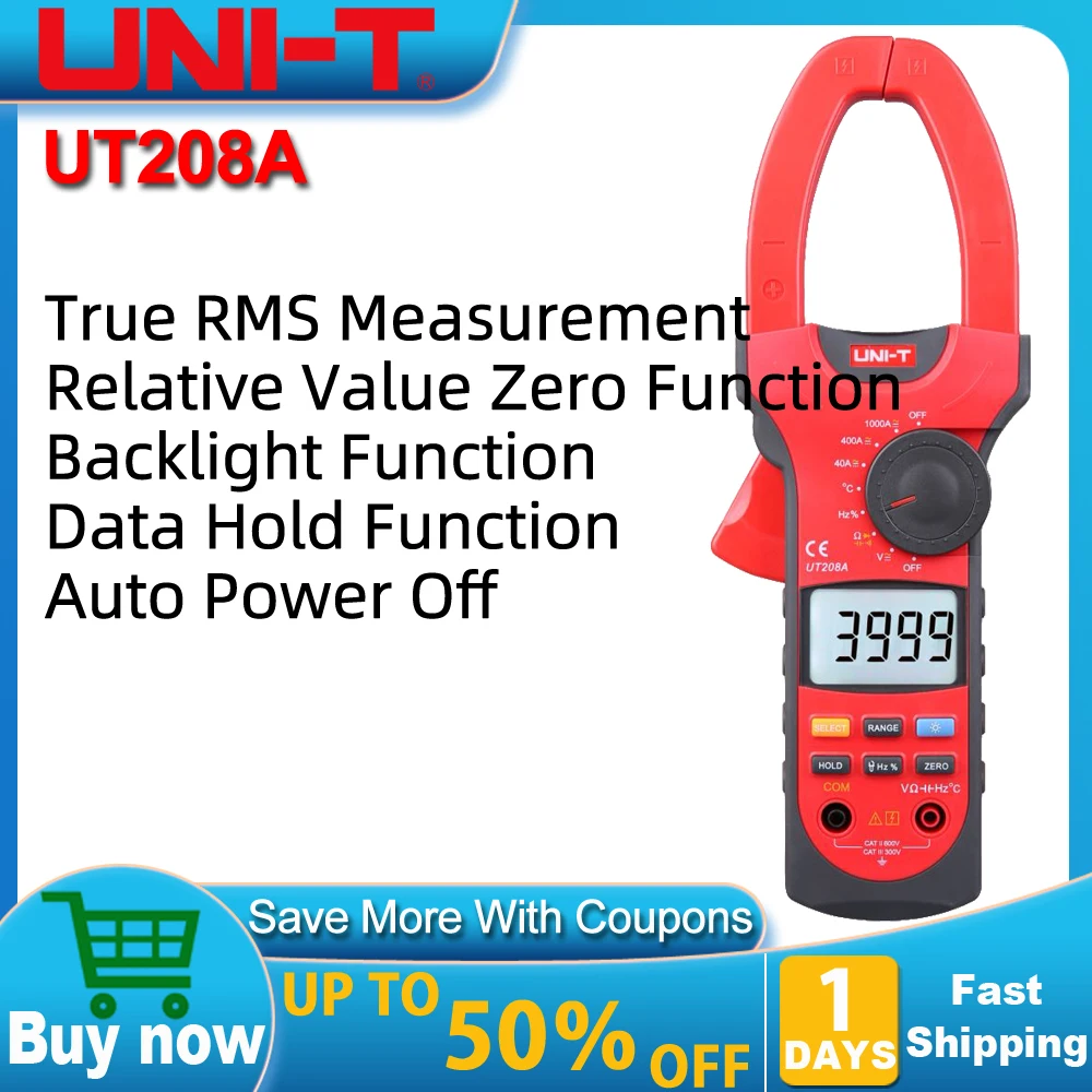 

UNI-T UT208A 1000A Digital Clamp Meters AC DC Amperimetric Clamp Voltmeter Frequency Ｍeter Temperature Capacitance Tester