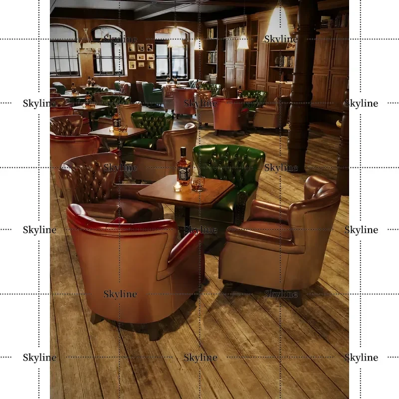 Vintage American Whiskey Bar Sofa – Western Cafe Table & Chair Set with Single Tiger Chair for Cigar Room
