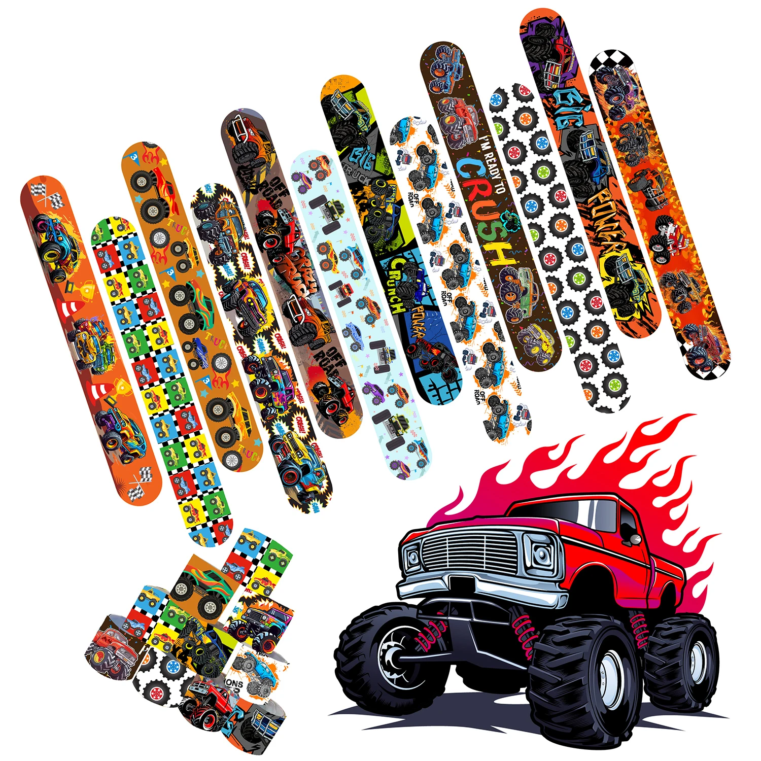 

Monster Truck Cars Slap Bracelets Party Favors Supplies Goodie Bag Stuffers Fillers Christmas Stocking Filling Classroom Rewards