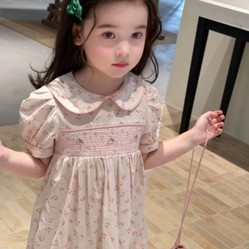 Girls' 2026 Summer Dress with Cherry Blossoms Western Style Doll Neck Cotton Breathable Dress