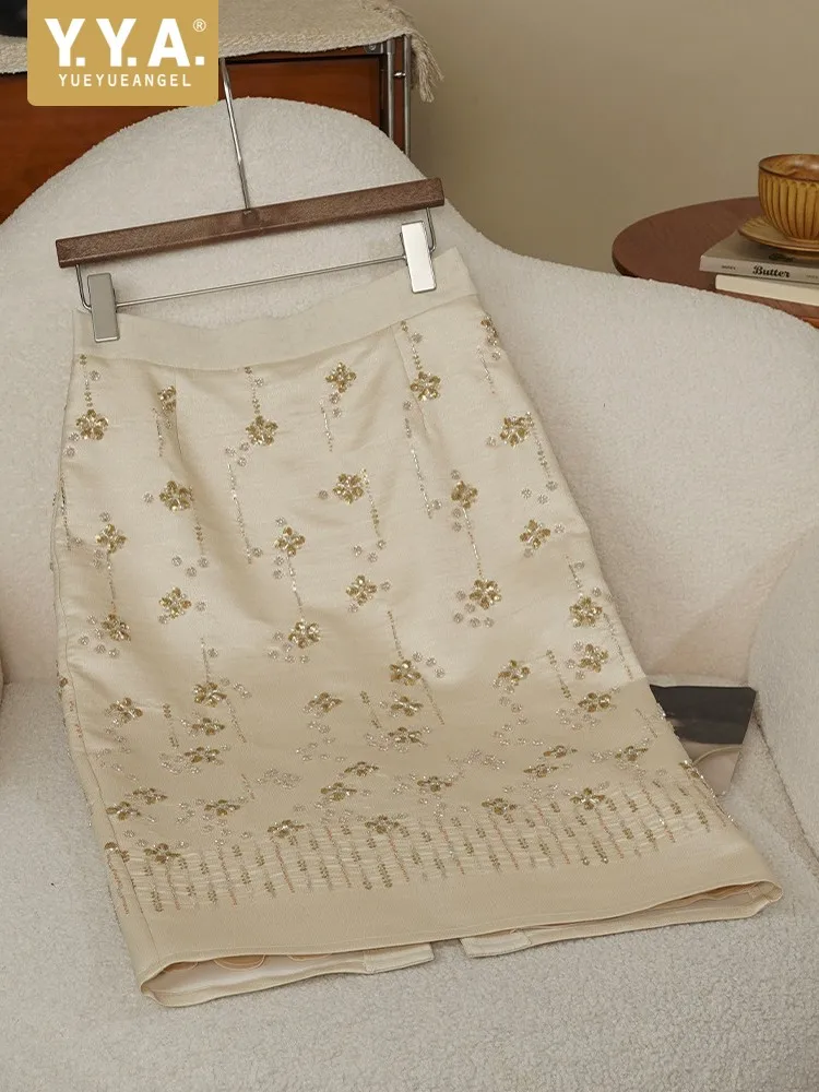 

Элегантная женская юбка миди с цветочным принтом, пайетками и бисером, приталенного кроя, А-силуэта, с высокой талией и разрезом сзади, для офиса и вечеринок