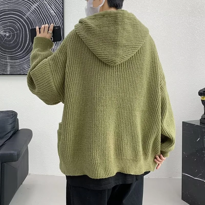 2023 Solid Color Hoodies Cardigan Jackets For Men Autumn Y2K Vintage Streetwear Knitted Sweater Korean Fashion Knitwears Coat