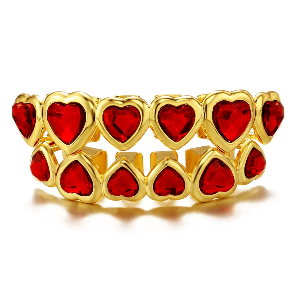 Hip Hop 6/6 Heart-Shaped Grillz Fashion CZ Stone Iced Out Charm Grills Dental Mouth Punk Teeth Body Jewelry Gift