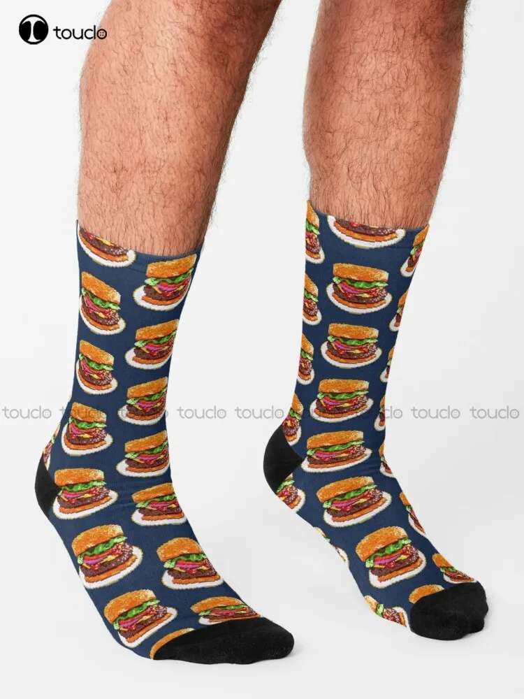 Big Patty Hamburger Socks American Flag Socks Men Street Skateboard Socks Personalized Custom Unisex Adult Teen Youth Socks Art