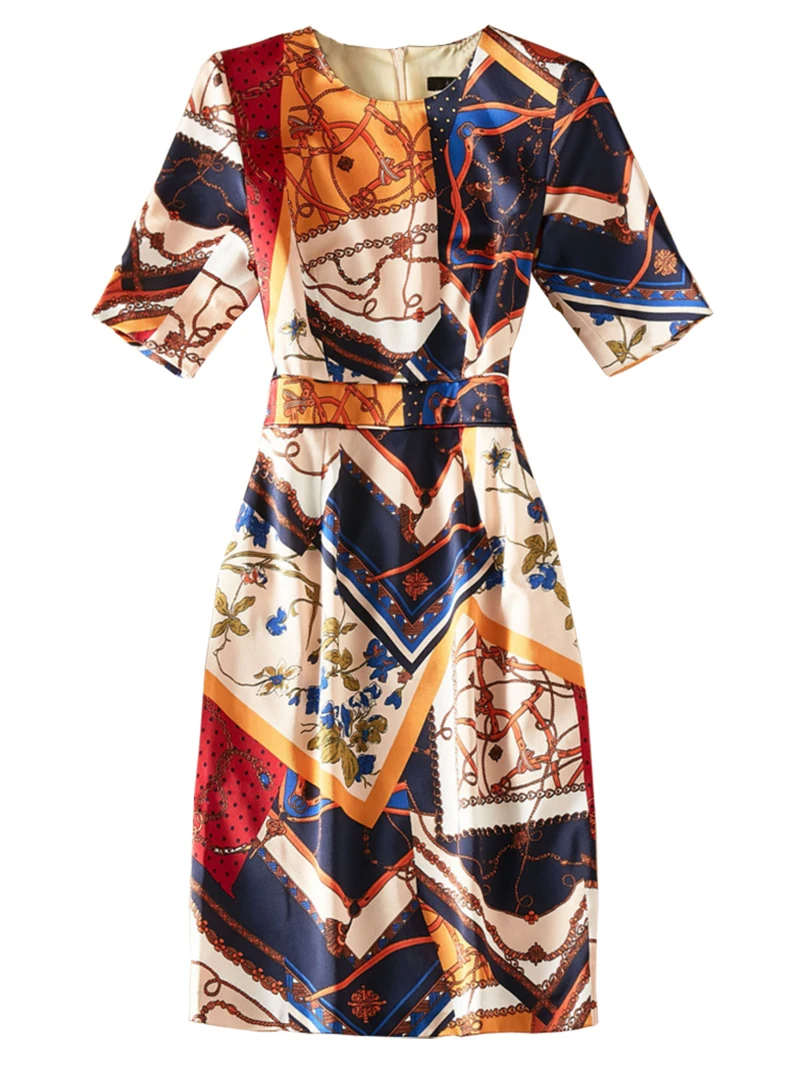 

Женское платье-футляр с геометрическим принтом, платья с круглым вырезом и половиной рукавов, с поясом
