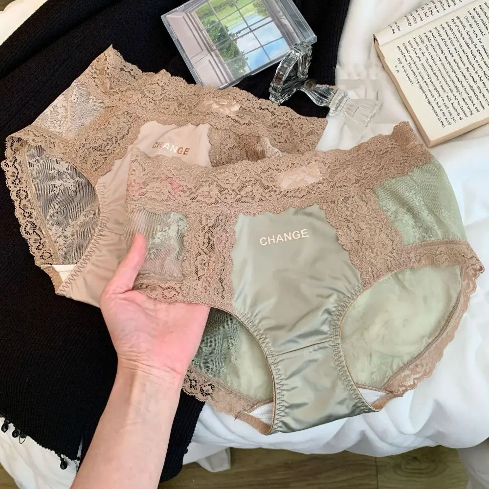 

Mesh Floral Ice Satin Silk Briefs Ultra-thin Mid Waist Lace Seamless Panties Female Lingerie Underpants Underwear for Women Girl