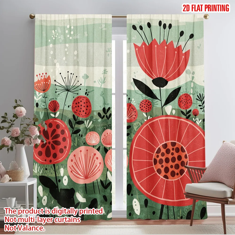 

2pcs 2D flat printing Curtain Floral 100% Polyester Fabric Without Electricity Festive Curtains Perfect for Home & Party