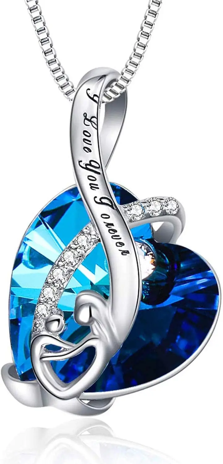 AOBOCO I Love You Mom Necklace Sterling Silver Heart Pendant Embellished with Crystals from Austria, Fine Birthday Jewelry Gifts for Mom Grandma Mother-to-be Mother-in-law Stepmom