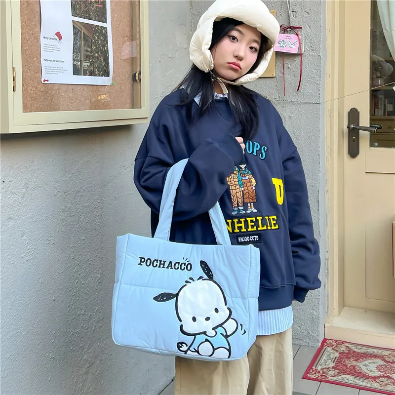 Women Large Tote Bag Soft Padded Down Handbag Kawaii Hello Kitty Melody Kuromi Shoulder Bags Casual Portable Shopper Bag