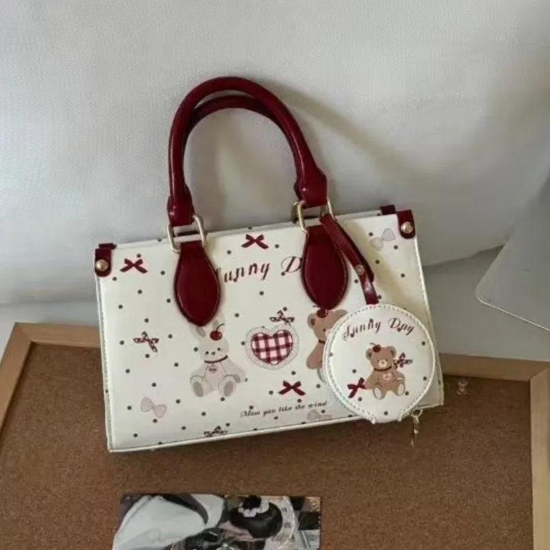 

Sweet Cute Red Graffiti Handbag Women Cartoon Bear Bow Print Shoulder Bag Ladies Harajuku Polka Dot Large Capacity Crossbody Bag